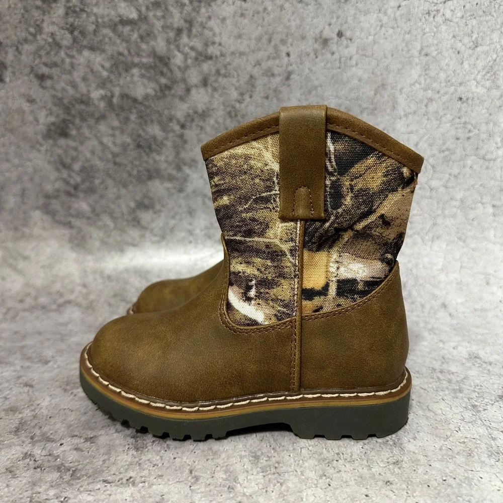 Mountain Creek Terrain Kids Size 8M Brown Camo Western Boots Side Zip Casual